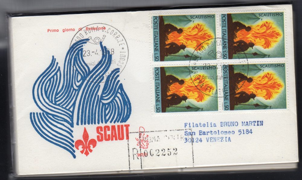 Italia FDC Venetia 1968 Scautismo quartina viaggiata Racc. per l'Italia