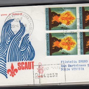 Italia FDC Venetia 1968 Scautismo quartina viaggiata Racc. per l'Italia