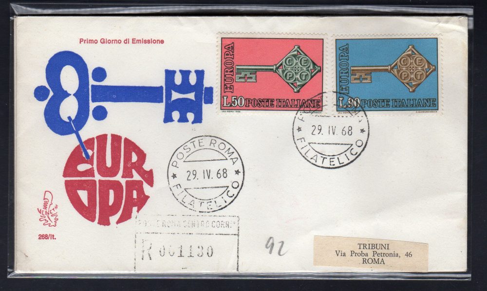 Italia FDC Venetia 1968 Europa  viaggiata Racc. per l'Italia