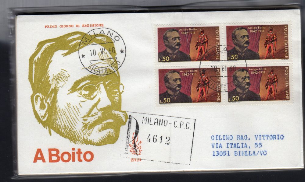 Italia FDC Venetia 1968 Boito quartina viaggiata Racc. per l'Italia 839