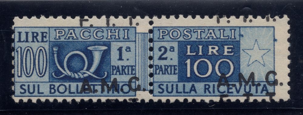 Trieste - Pacchi Postali Lire 100 dent. a pettine 13,1/4 con soprastampa obliqua