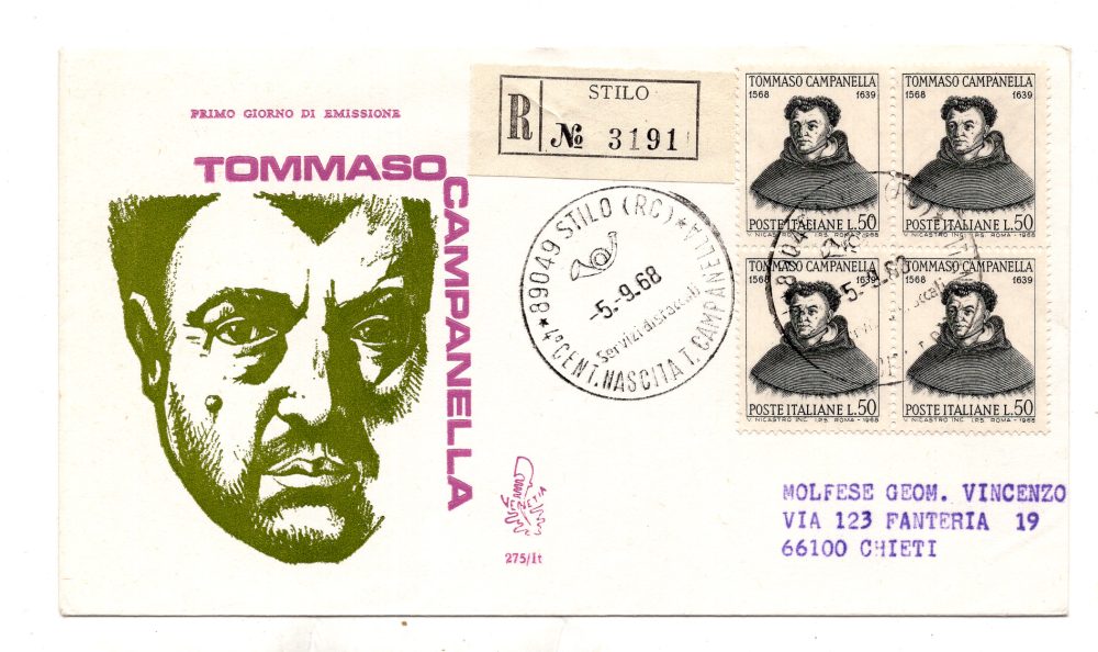 Italia FDC Venetia 1968 Campanella quartina viaggiata Racc. per l'Italia