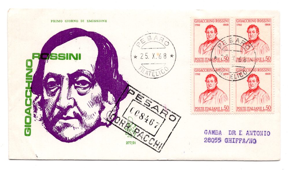 Italia FDC Venetia 1968 Rossini quartina viaggiata Racc. per l'Italia