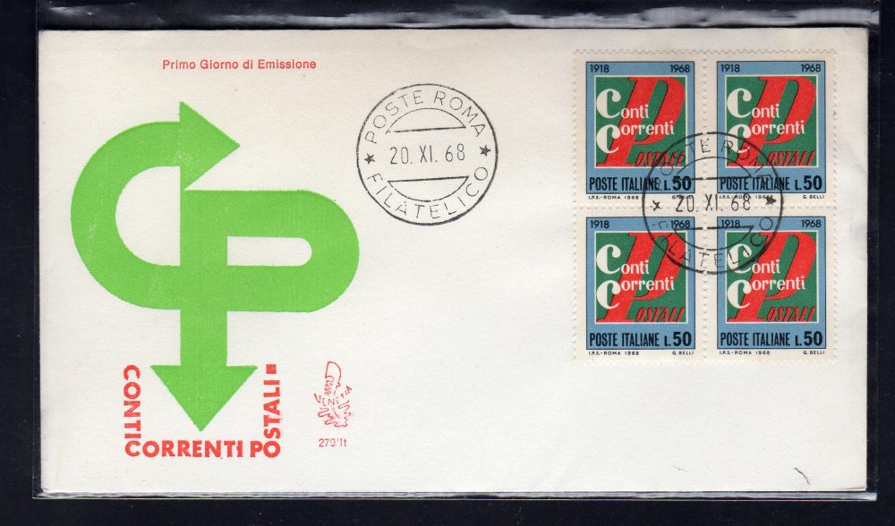 Italia FDC Venetia 1968 Conti Correnti quartina non viaggiata