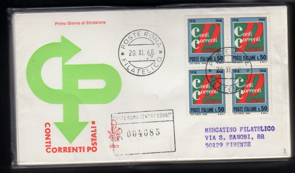 Italia FDC Venetia 1968 Conti Correnti quartina viaggiata Racc. per l'Italia