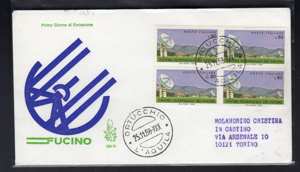 Italia FDC Venetia 1968 Fucino quartina viaggiata  per l'Italia 868