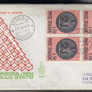 Italia FDC Venetia 1969 Rag. di Stato quartina viaggiata Racc. per l'Italia