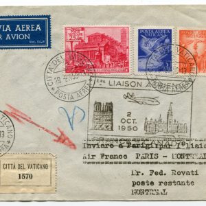 I° Volo Parigi/Montreal - Aerogramma dal Vaticano per Montreal il 29.9.50