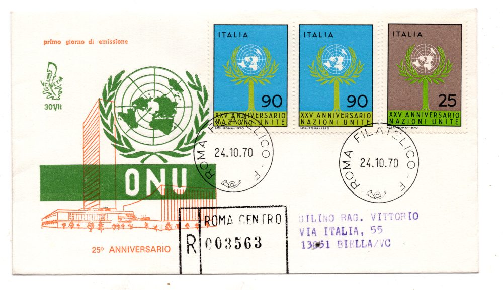 Italia FDC Venetia 1970 O.N.U  viaggiata Racc. per l'Italia