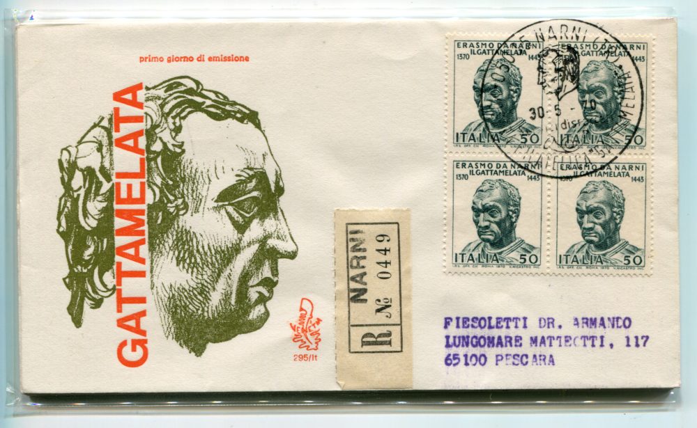 Italia FDC Venetia 1970 Erasmo da Narni quartina viaggiata Racc. per l'Italia