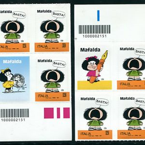 Mafalda blocchi quartine di sinistra con erinnofili e codice a barre