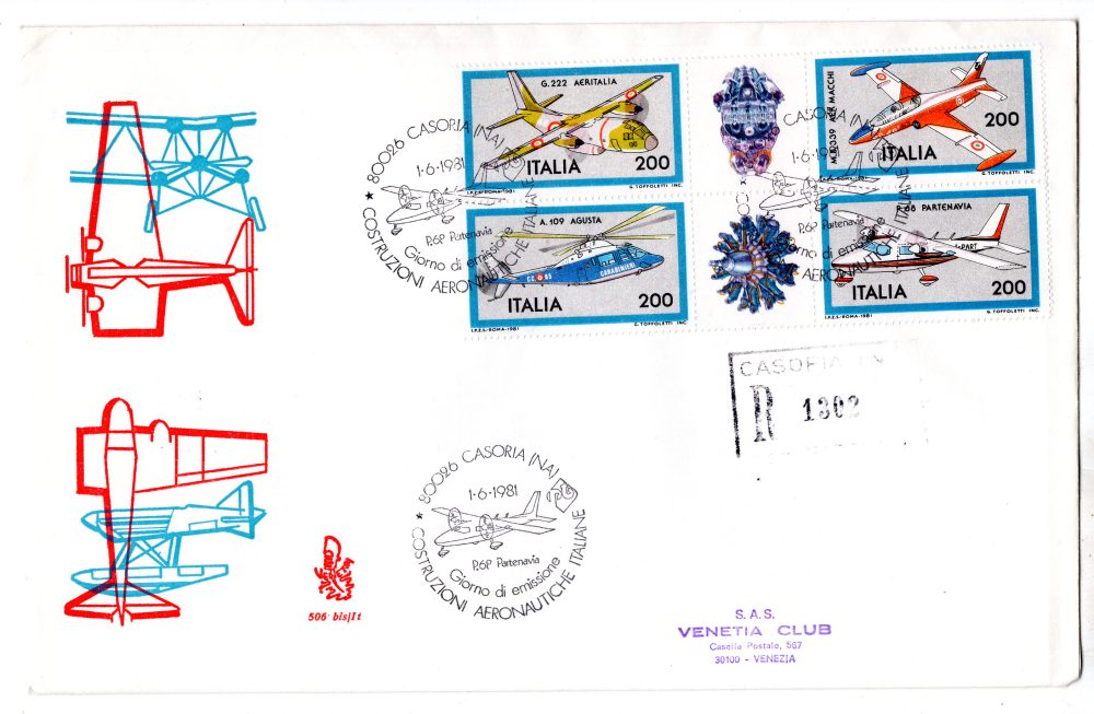 Italia 1982 Costruzioni aeronautiche blocco su FDC venetia viaggiato