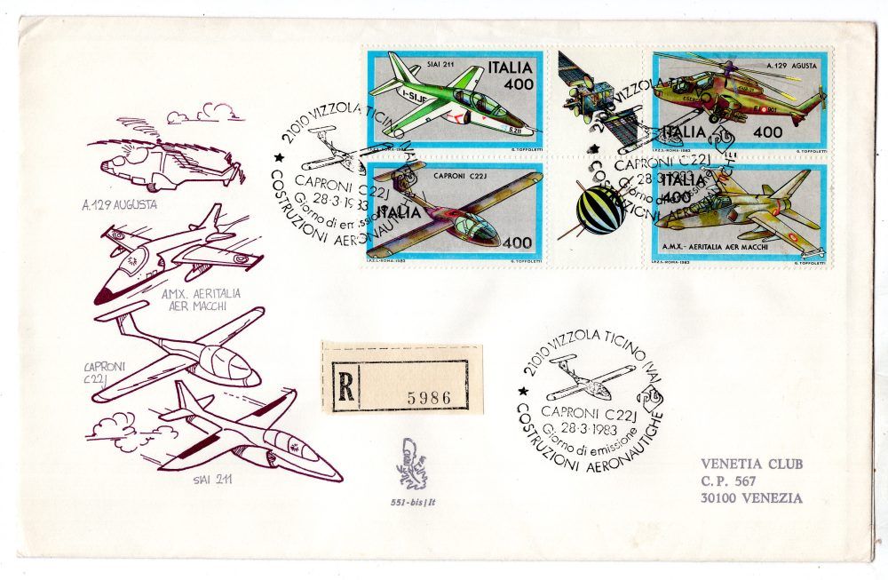 Italia 1982 Costruzioni aeronautiche blocco su FDC venetia viaggiato