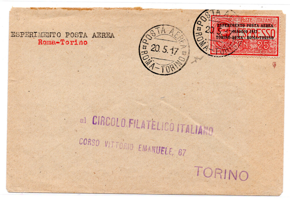 1917 Roma - Torino del 20 maggio - aerogramma del I° volo De Bernardi