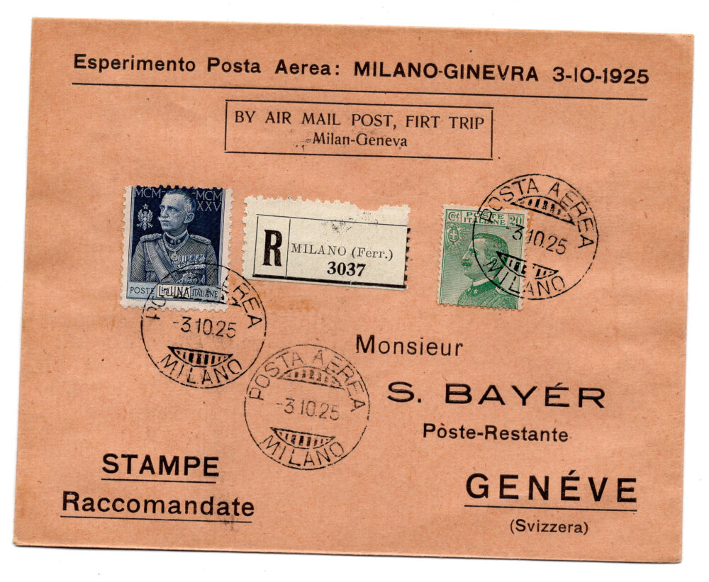 1925 Milano/Ginevra del 3.10.25 - aerogramma racc. per primo volo