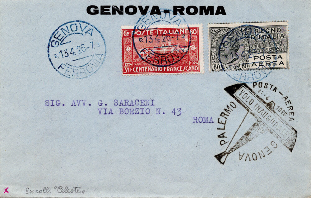 1926 Genova/Roma del 13.4.26 - Aerogramma inoltrato primo volo SANA