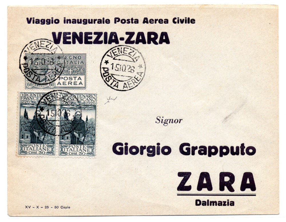 1926 Venezia/Zara del 15.10.26 - Aerogramma con volo inaugurale SISA