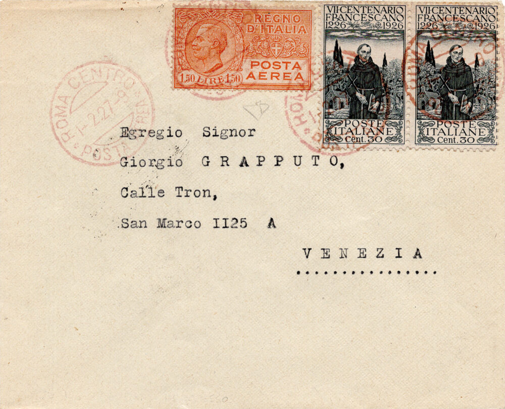 1927 Roma/Venezia del 11.2.27 - Aerogramma inoltrato Transadriatica