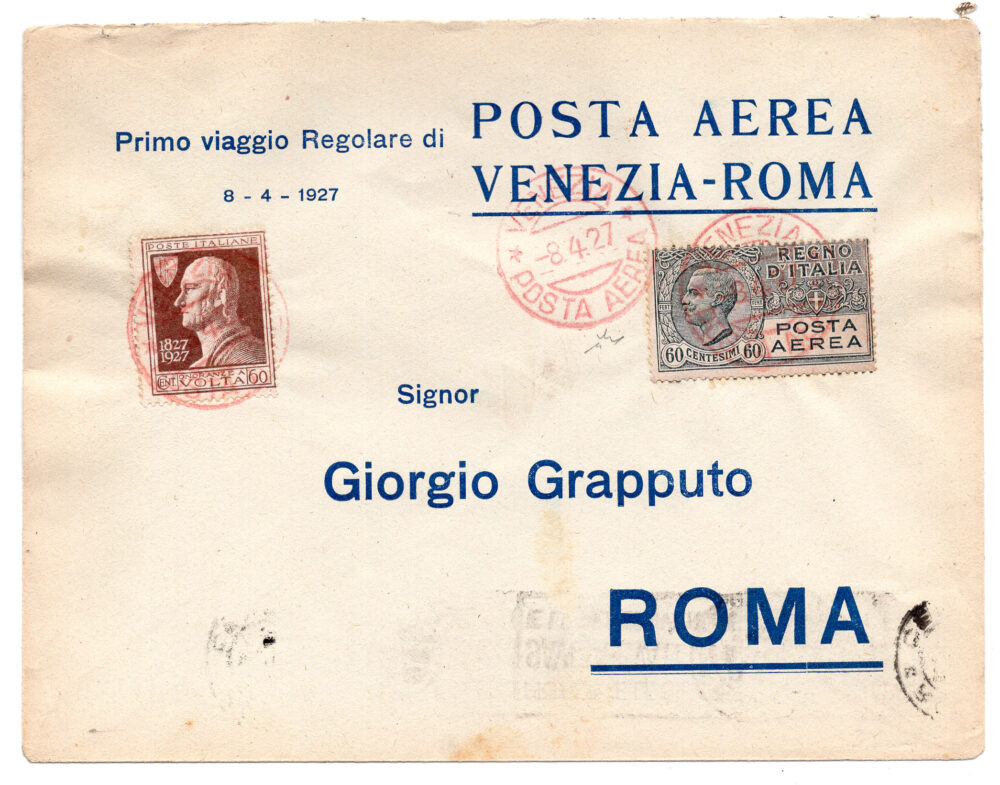 1927 Venezia/Roma del 8.4.27- Aerogramma con primo volo postale