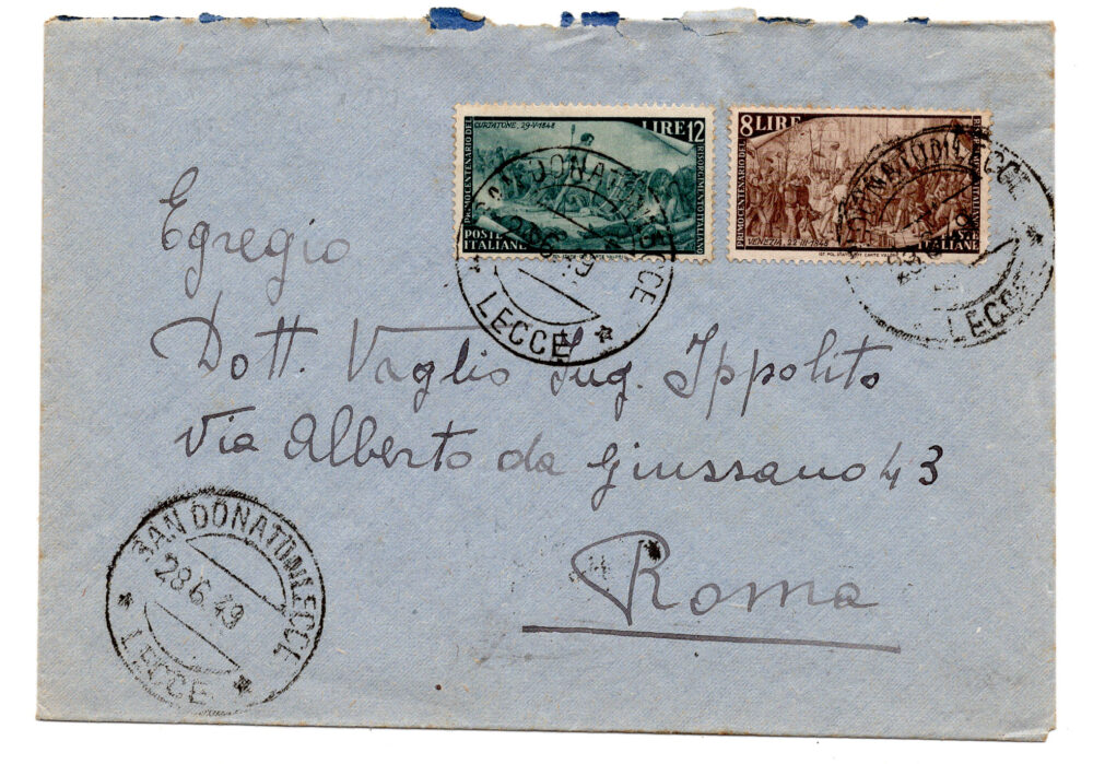 Risorgimento Lire 12 + complementare su busta viaggiata