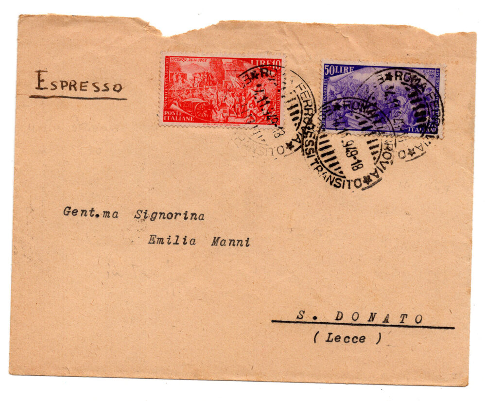 Risorgimento Lire 50 + complementare su busta espresso
