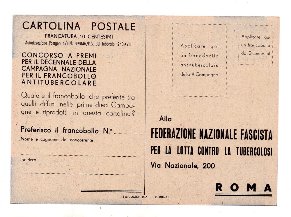 Campagna Antitubercolare 1940 - Cartolina concorso a premi