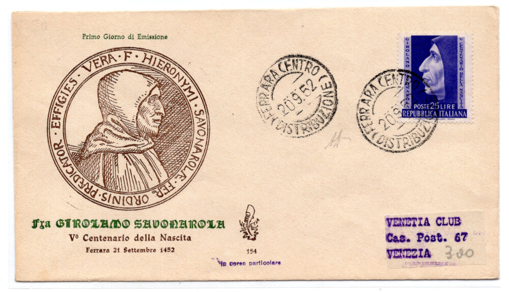 Savonarola su FDC Venezia non viaggiata