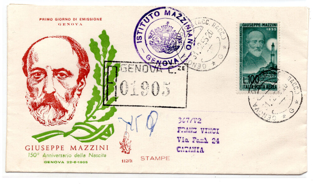 Posta Aerea Lire 100 Mazzini  su FDC Venezia  racc. per Catania