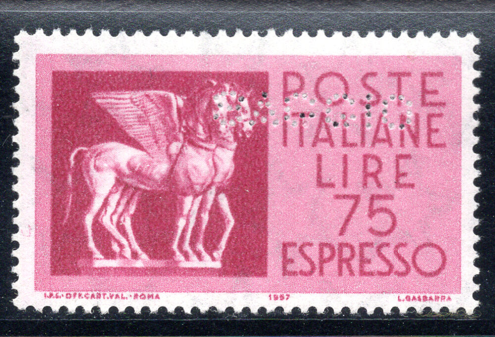 Espresso Lire 75 "Cavalli alati" n. 34/II con perforazione "SAGGIO" -