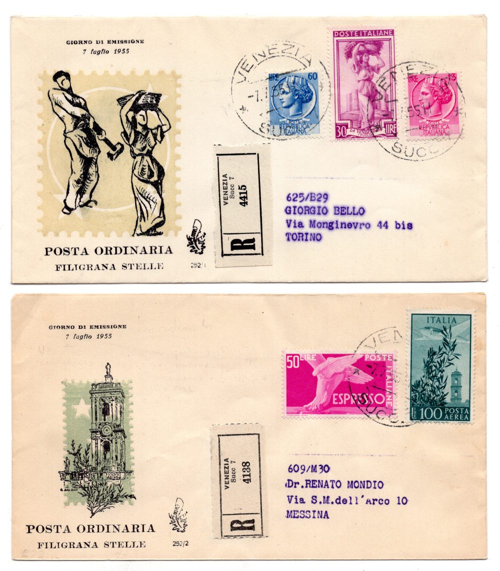 Posta ordinaria 1955 su FDC Venetia Club su Raccomandate