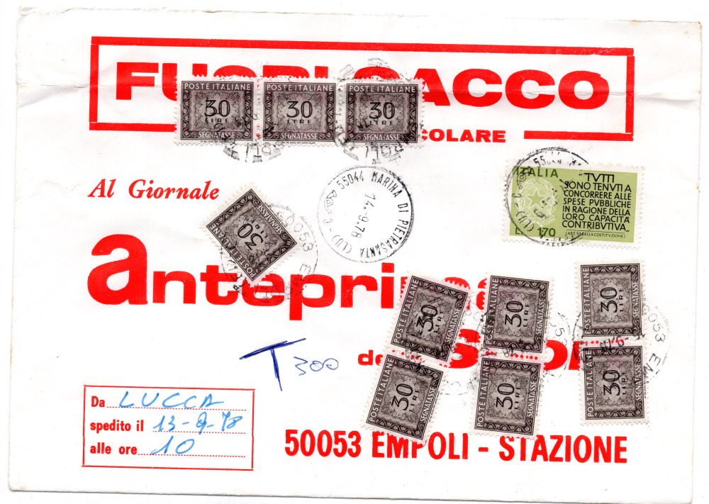 Michelangiolesca Lire 100 X 2 + lire 30 su busta "Fuori sacco"