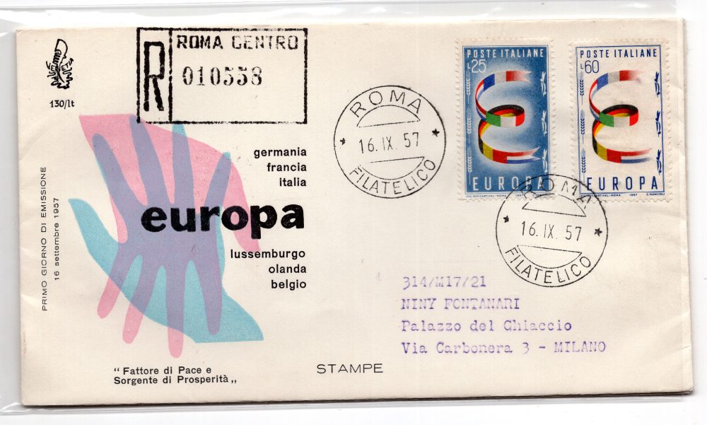 Italia 1957 Europa su busta FDC Venetia Racc senza annullo di arrivo