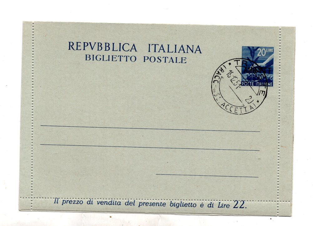 Trieste A - B.P. Lire 20 "Democratica" n. B 5 soprastampa sotto il francobollo