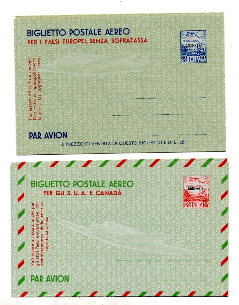 Trieste A - Aerogramma Lire 60 e 120 n. A1/A2 nuovi perfetti