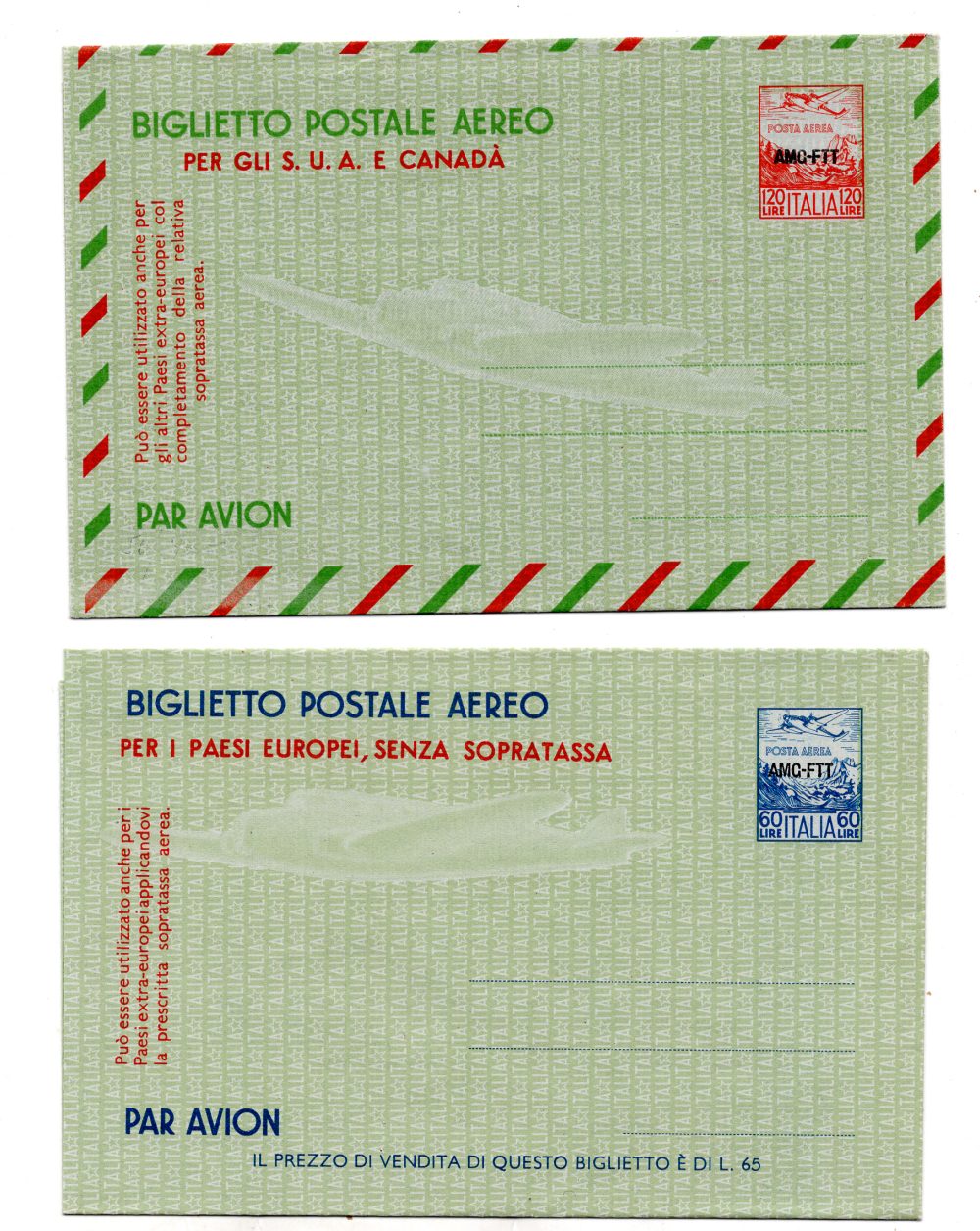 Trieste A - Aerogramma Lire 60 e 120 n. A1/A2 nuovi perfetti