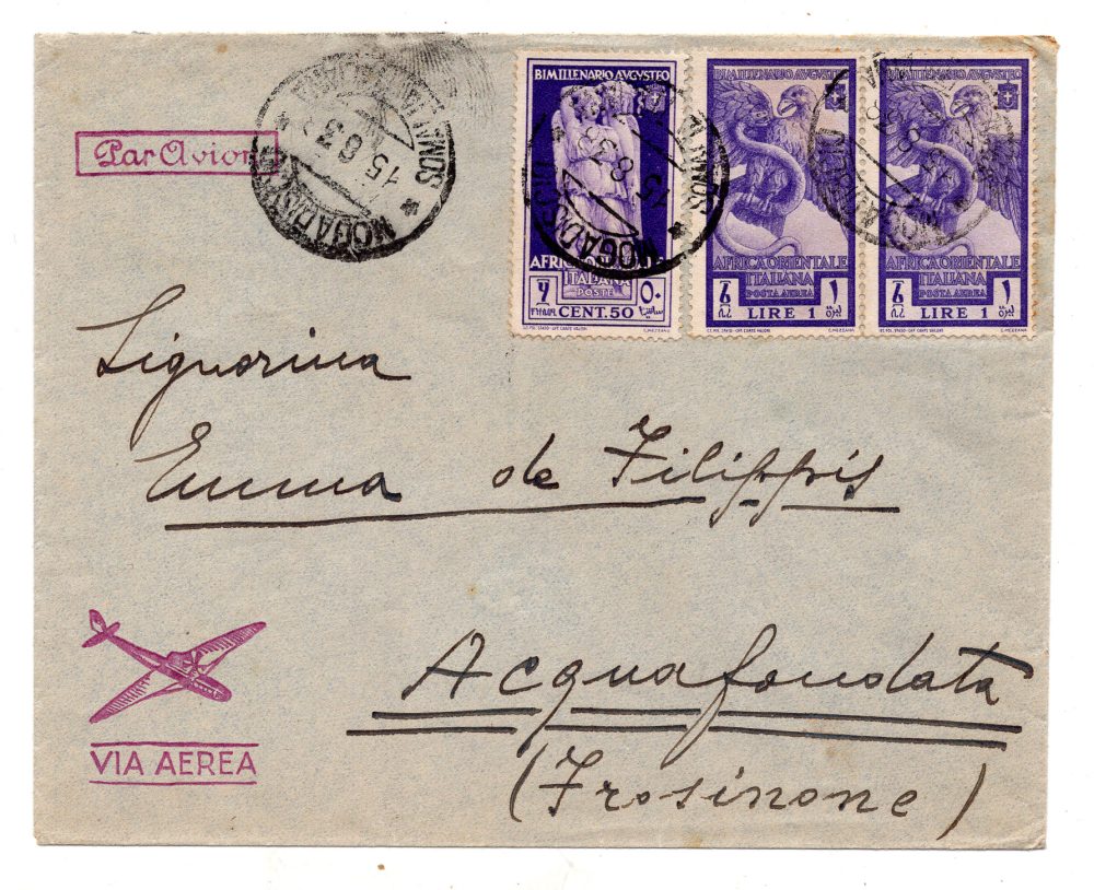 A.O.I. - Augusto Posta Aerea Lire 1 n. 15 coppia su busta via aerea