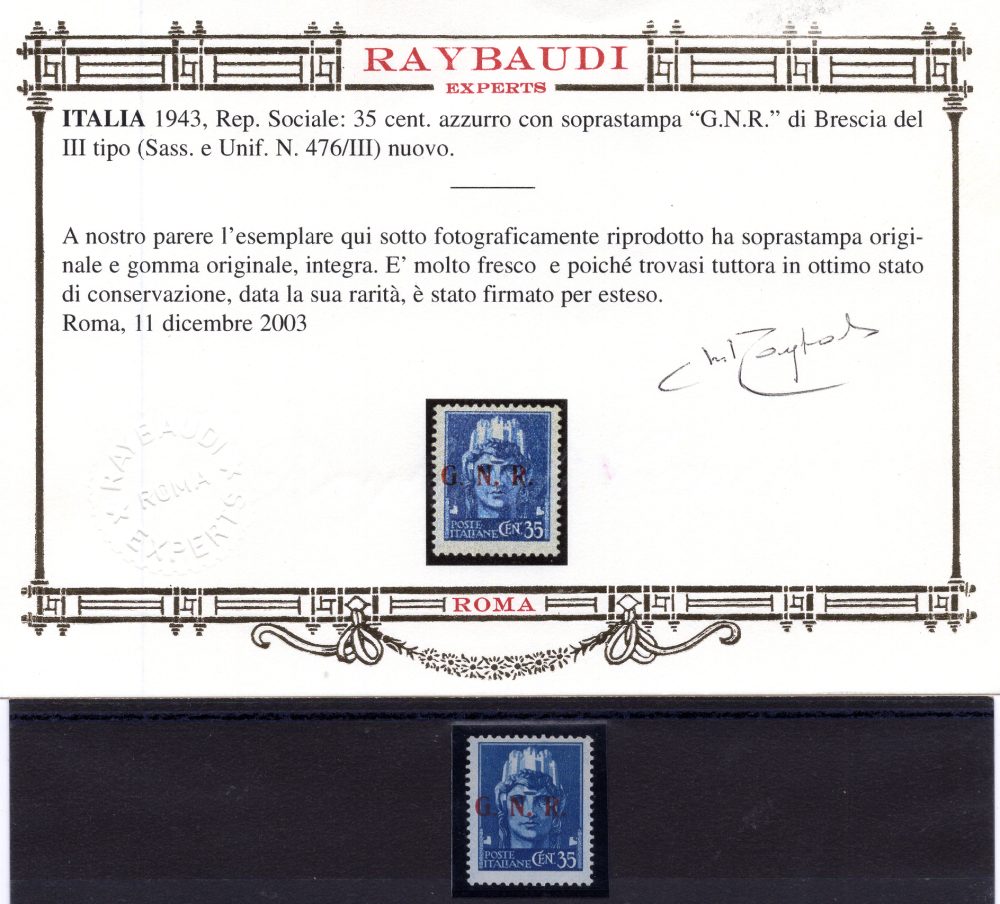 GNR 35 Cent. Brescia III° tipo n. 476/III - Cert. oro Ray. - MNH