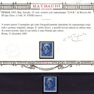 GNR 35 Cent. Brescia III° tipo n. 476/III - Cert. oro Ray. - MNH