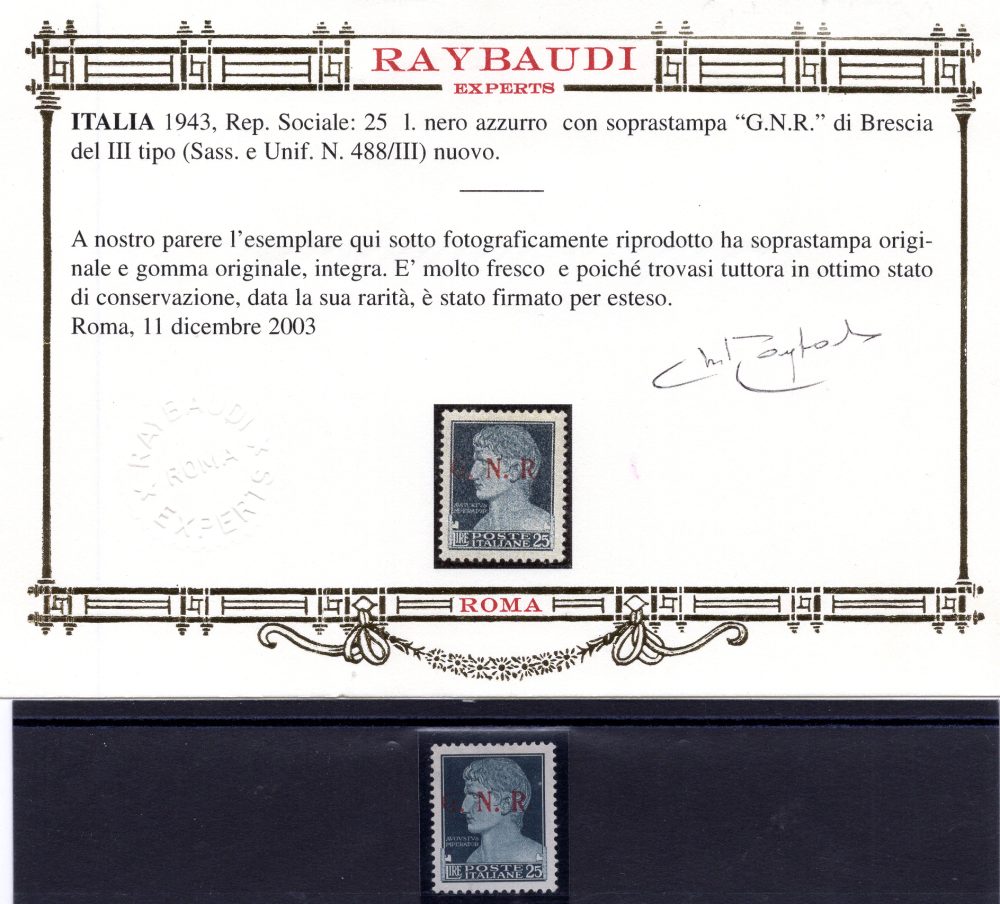 GNR 35 Cent. Brescia III° tipo n. 476/III - Cert. oro Ray. - MNH