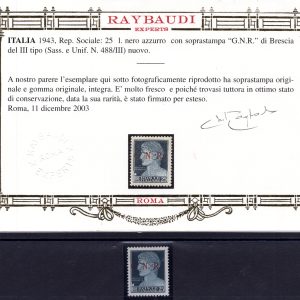 GNR 35 Cent. Brescia III° tipo n. 476/III - Cert. oro Ray. - MNH