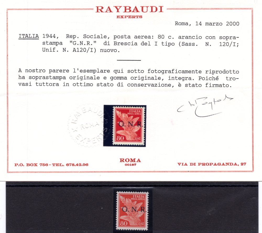 GNR 35 Cent. Brescia III° tipo n. 476/III - Cert. oro Ray. - MNH