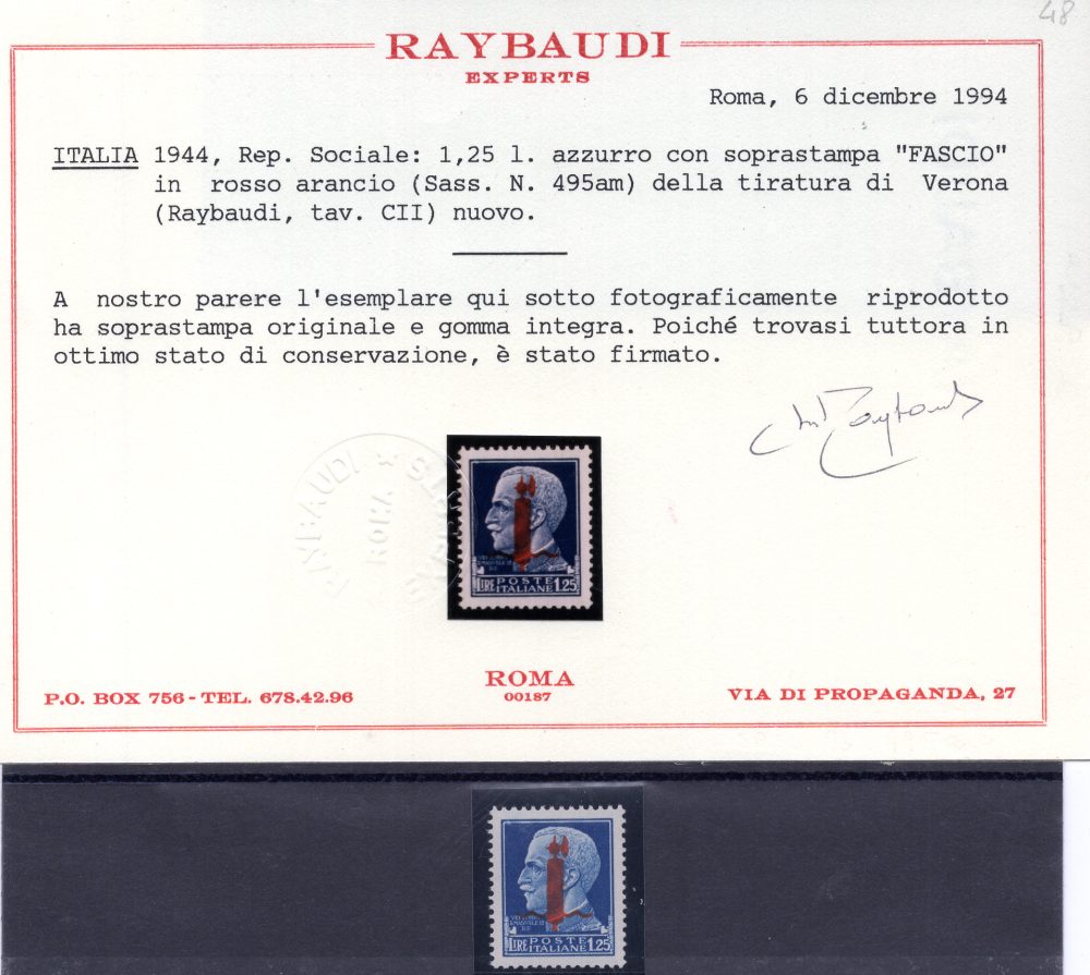 GNR 35 Cent. Brescia III° tipo n. 476/III - Cert. oro Ray. - MNH