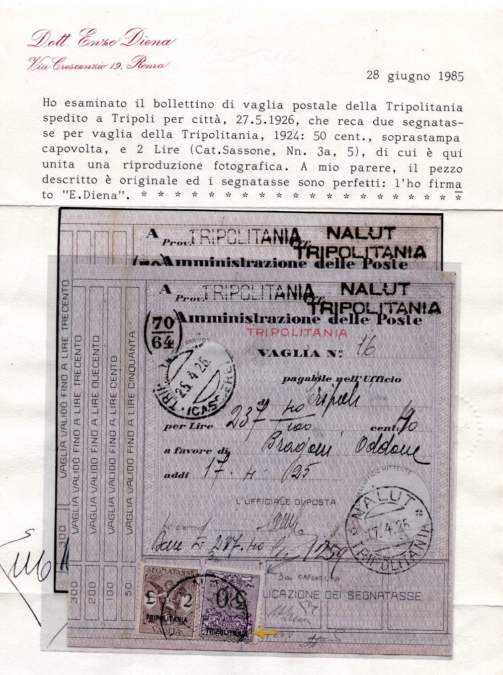 Tripolitania - Segnatasse Vaglia Cent. 50 n. 3a soprastampa capovolta