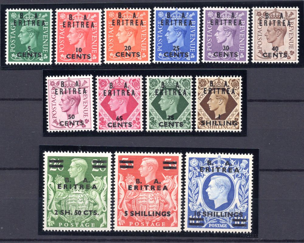 B.A. Eritrea - Francobolli di Gran Bretagna soprastampati n. 14/26
