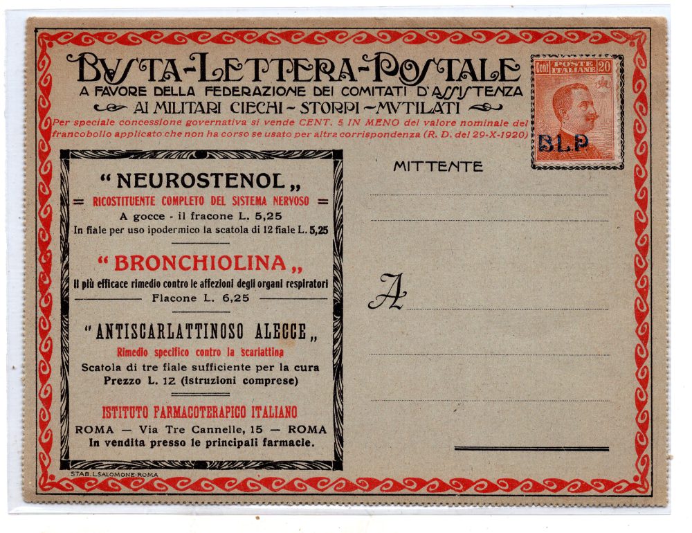 Lazio Serie 1 "Neurostenol" - B.L.P affrancata con Cent. 20 n. 2