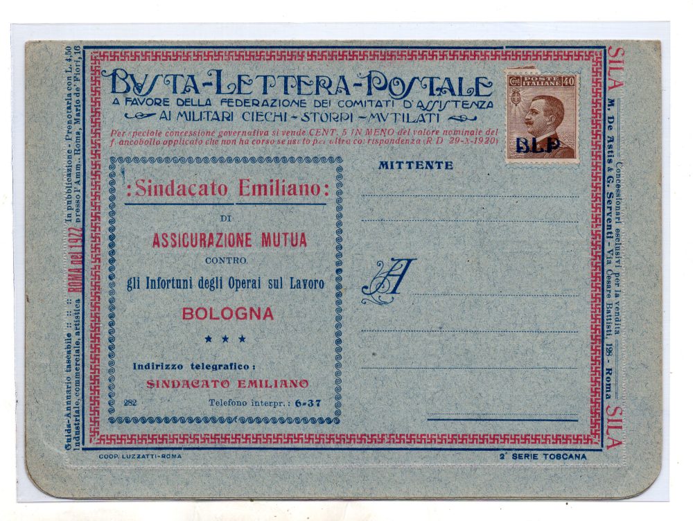 Toscana 2 "Sindacato Emiliano" - B.L.P affrancata con Cent. 40 n. 4