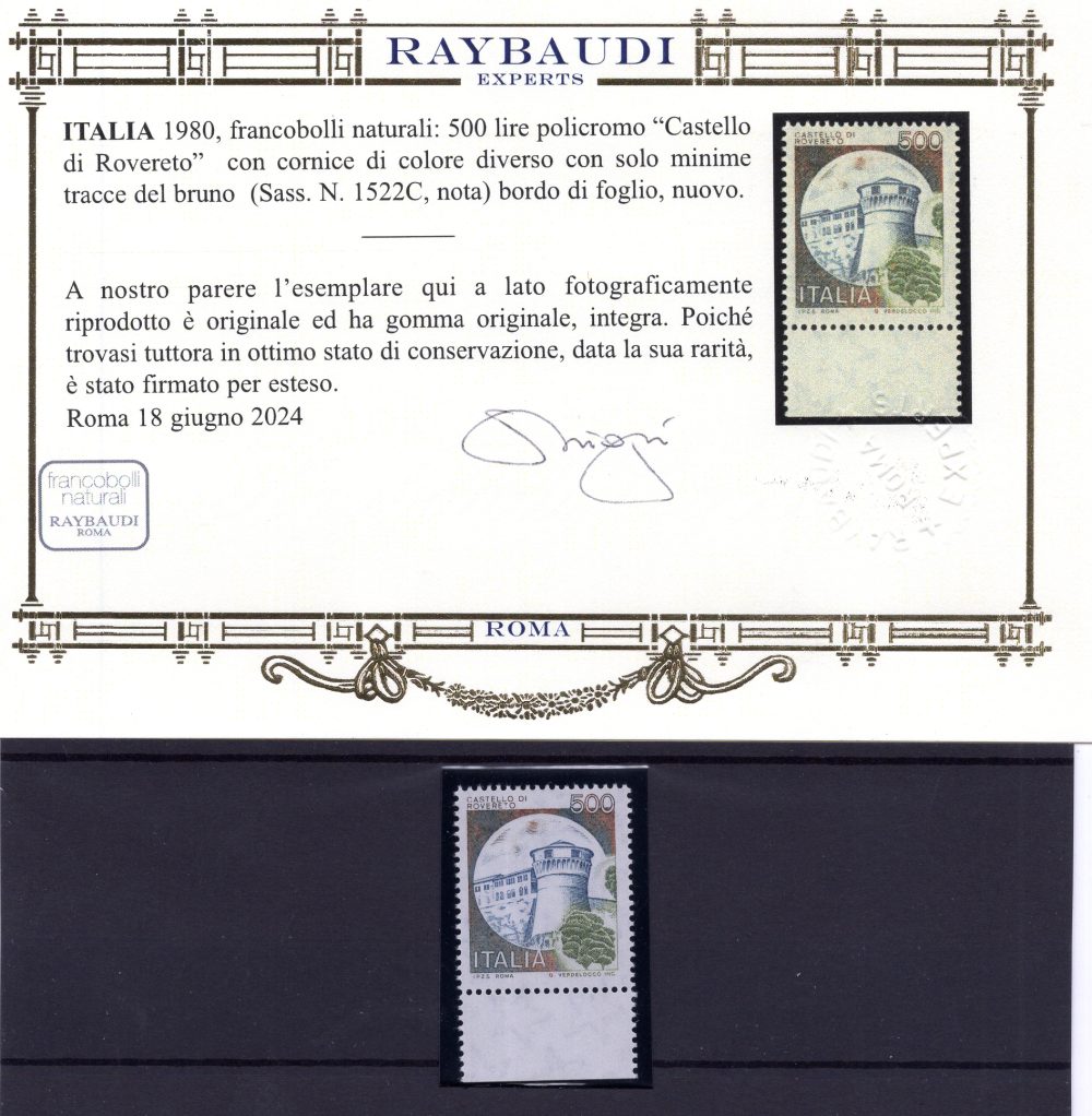 Castelli Lire 500 con la cornice di colore diverso Sass. n. 1522C