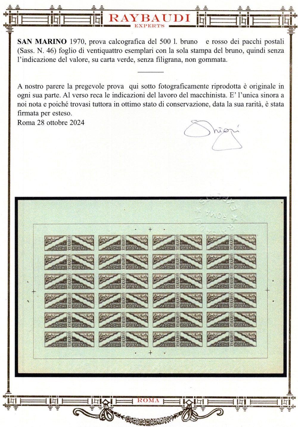Pacchi Postali - Foglio Prova calcografica - Unico Cert. oro Raybaudi