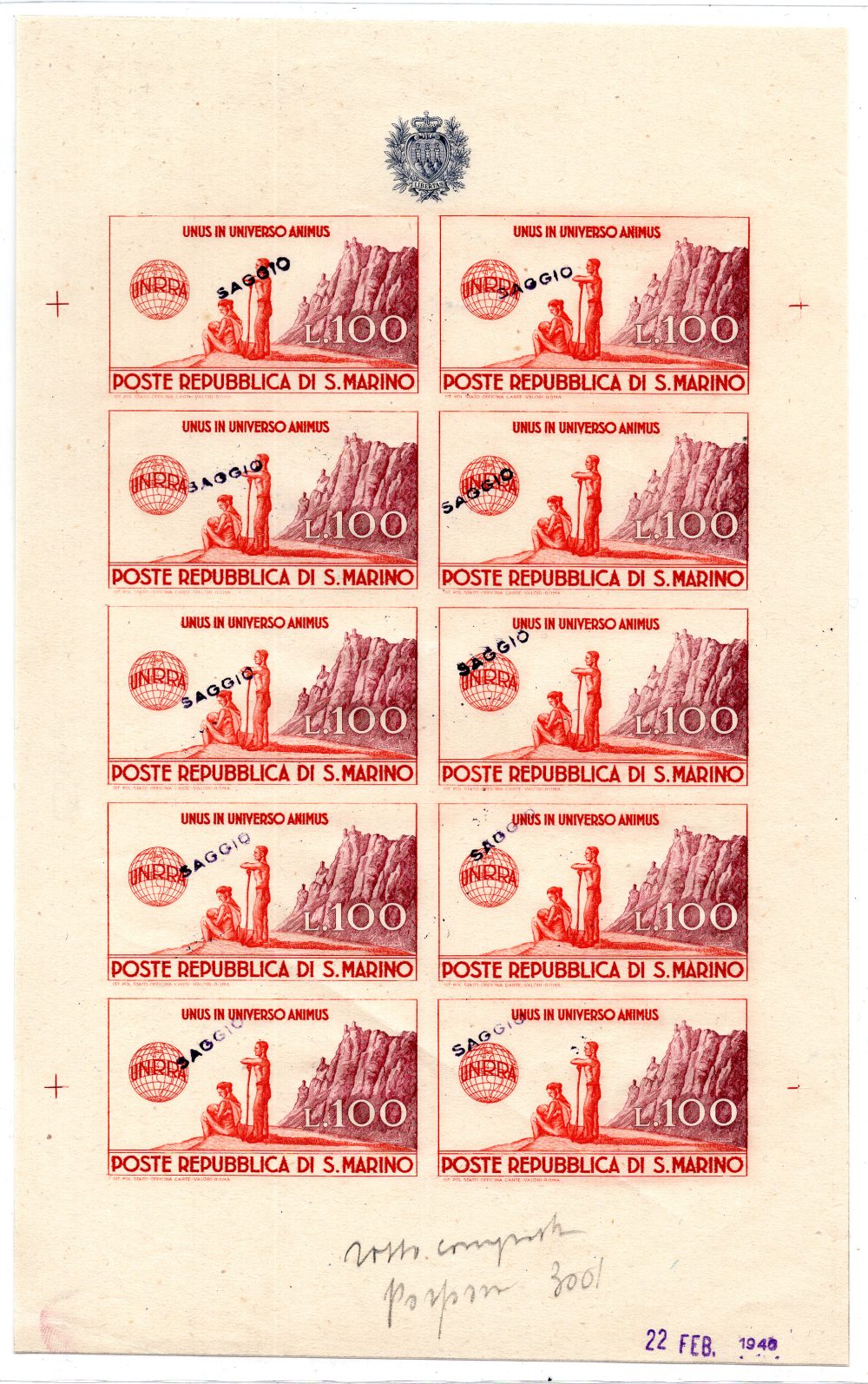 UNRRA -  Prova calcografica del Minifoglio - Rarità Cert. oro Raybaudi