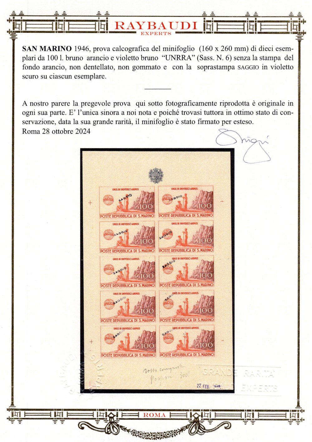 UNRRA -  Prova calcografica del Minifoglio - Rarità Cert. oro Raybaudi